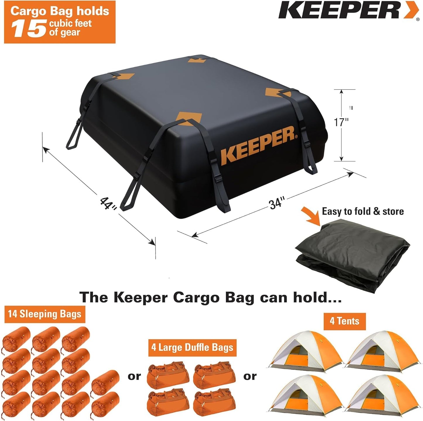 Keeper 15 Cubic Feet Weatherproof Rooftop Cargo Bag, Rooftop Cargo Carrier Bag, for All Vehicle Roof Racks