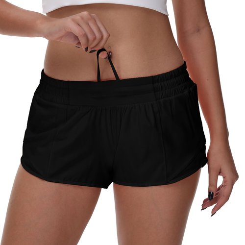 MCEDAR Women's Running Shorts Low Waisted 2.5"，Lightweight Active Workout Quick Dry Gym Athletic Sports Shorts Zip Pocket Black,6/S