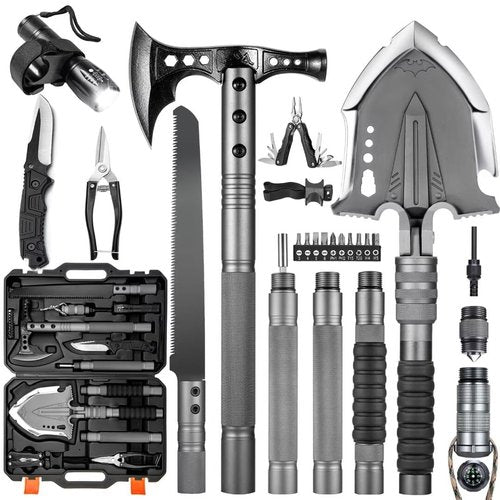 HUZSV Survival Shovel Multitool with Axe 28 in 1 Unbreakable Tactical Shovel kit Compact Camping Shovel for Outdoor Caming Hiking Backpacking Emergency