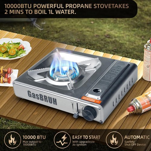 10,000 BTU Dual Fuel Portable Camping Stove - Stainless Steel with Windblocker & Carry Case
