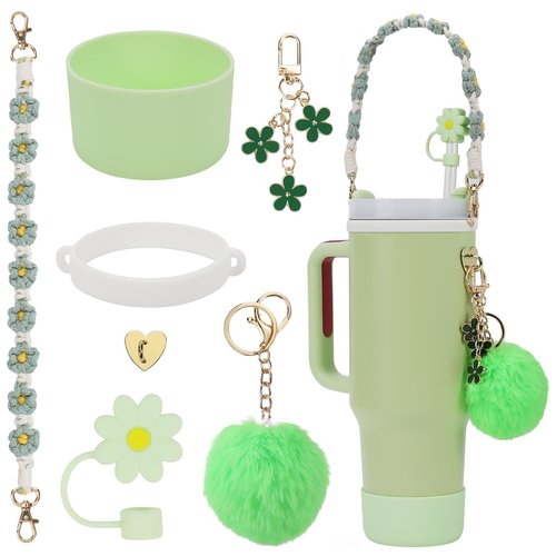 PINKPIN 7PCS Water Bottle Accessories Set for Stanley Cup 40oz & 30oz Tumbler, Including Water Bottle Handle Strap, Silicone Boot, Silicone Straw Cover, Keychain Charms (Greens)