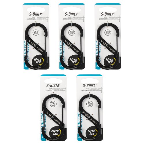 Nite Ize S-Biner Stainless Steel Dual Carabiner - Multi Purpose Dual Carabiner Clip - Great for Camping Supplies & Hiking Essentials - Secure Key Holder - Size 4, Black (5 Pack)