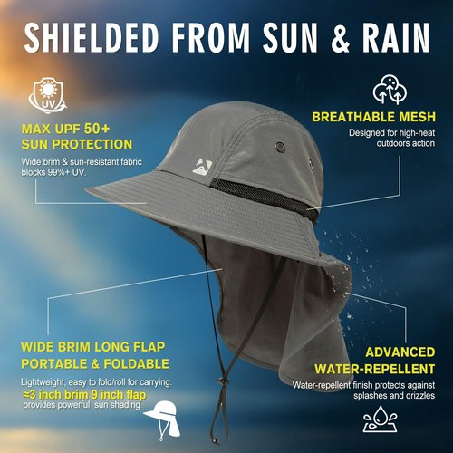 Summer Sun Hats Shade Men Big Head Wide Brim Neck Flap Safari Waterproof Beach UPF50+ Fishing Hiking Dark Grey X-Large XX-Large XL XXL