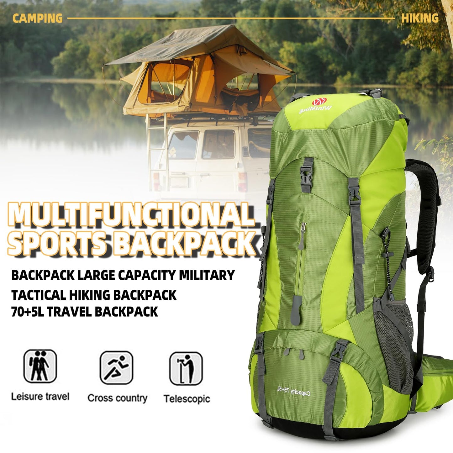ZCSQIUO 75L Hiking Backpack for Men Women Daypack Backpack Outdoor Waterproof Camping Backpack with Rain Cover (Green)