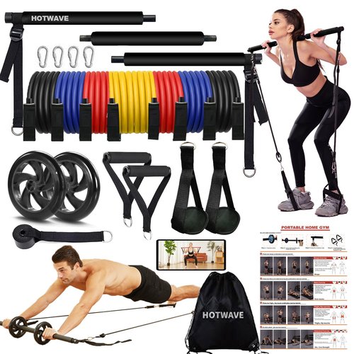 HOTWAVE Pilates Bar Kit with Resistance Bands,Ab Roller for Abs Workout, Squat Machine,Core Strength Training Equipment,Portable Home Gym for Men and Women