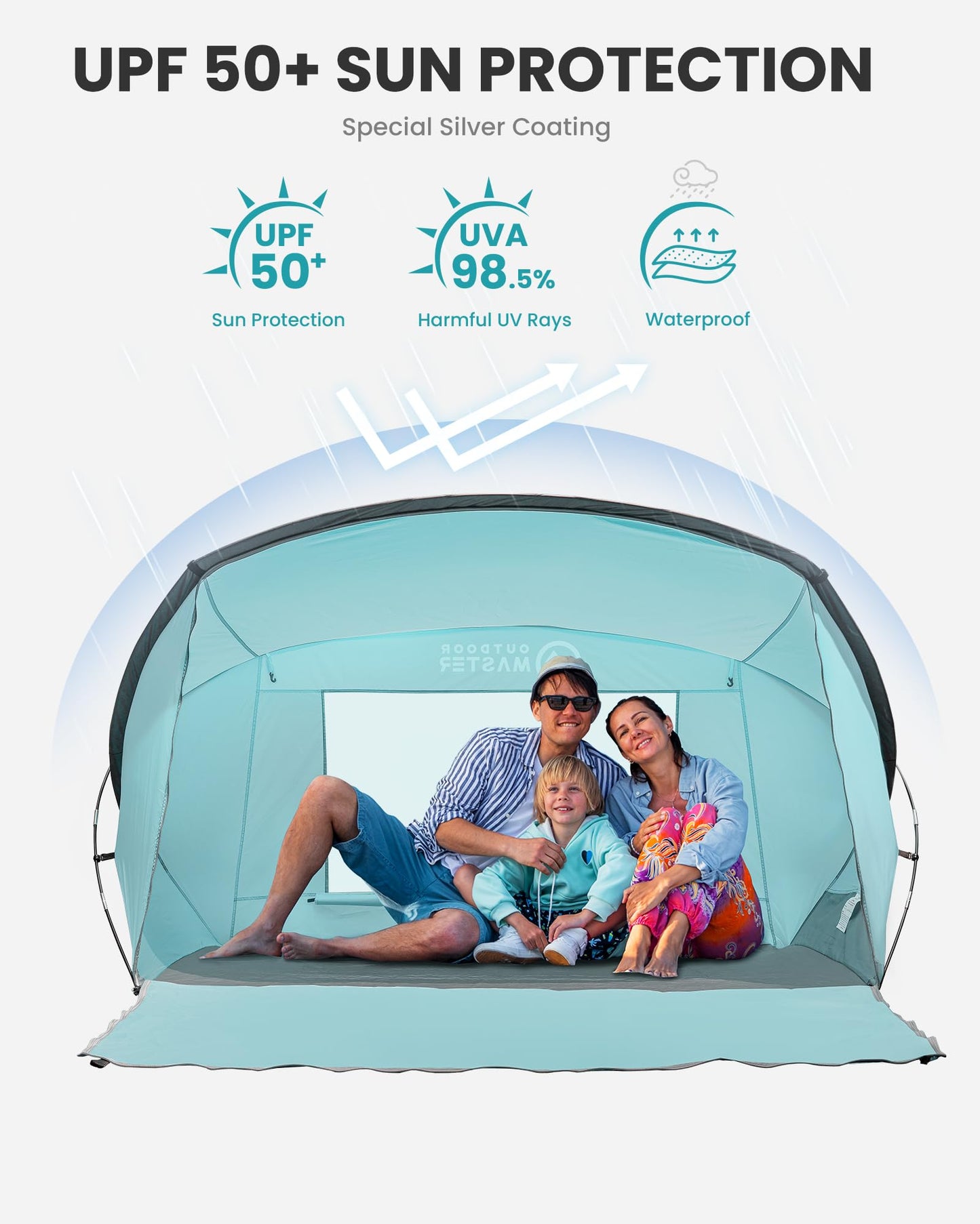 OutdoorMaster Beach Tent for 3-4 Person - Easy Setup and Portable Beach Shade Sun Shelter Canopy with UPF 50+ UV Protection Removable Skylight Family Size-Light Green