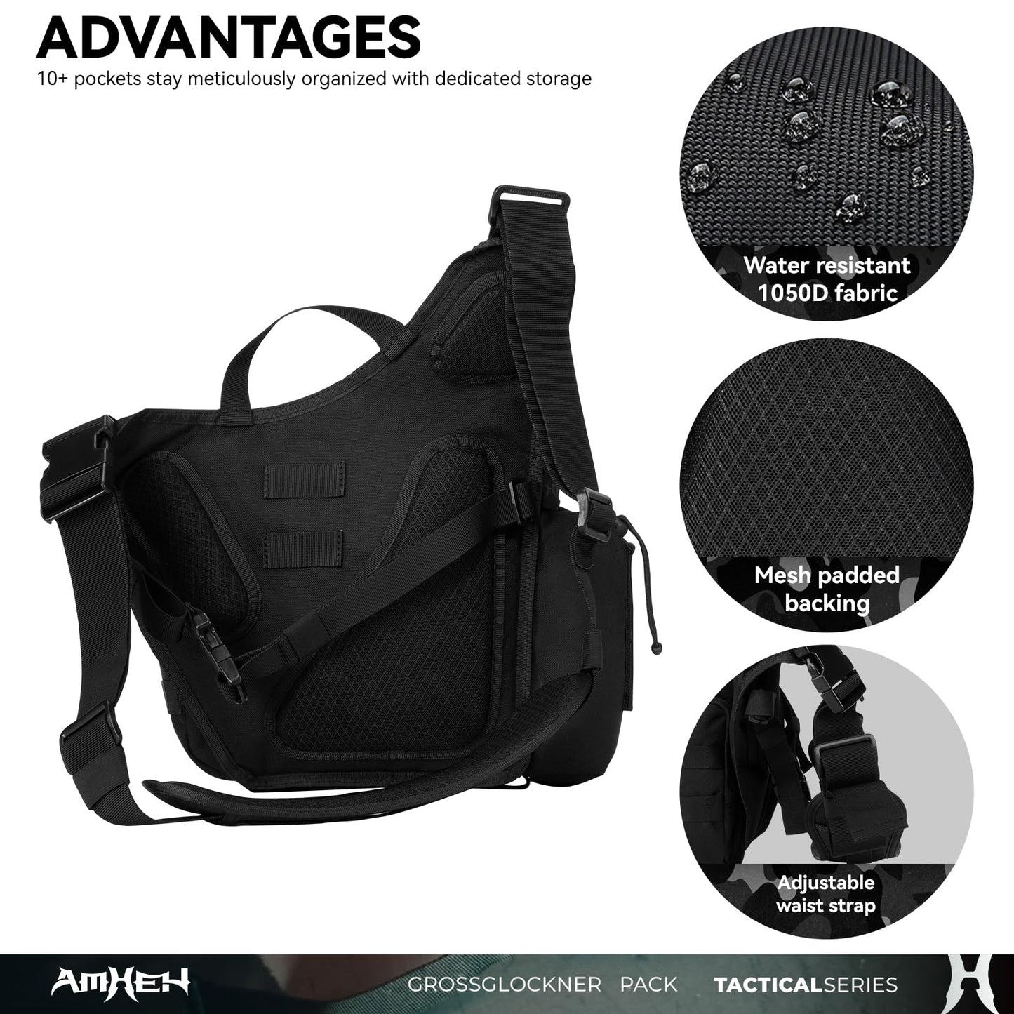 AMHEH Tactical Messenger Bag 10L Military Molle Crossbody Sling Backpack EDC Satchel with Multiple Pockets Waterproof for Men (Black)