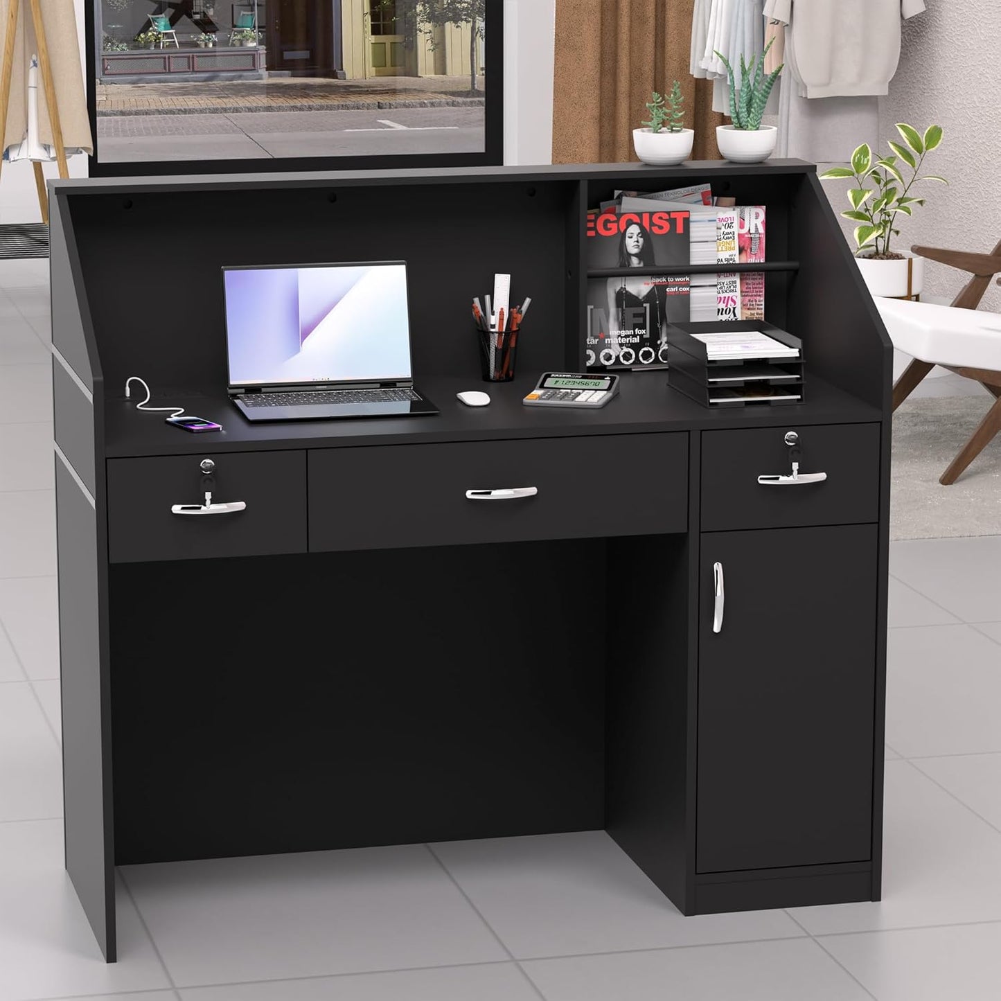 AHB Reception Desk with Counter, Modern Front Table Equipped Lockers & Storage Shelves, 50-inch Checkout Counter with LED Lights & DIY Stripe for Lobbies, Salons, Retail, Home Offices, Reception Room