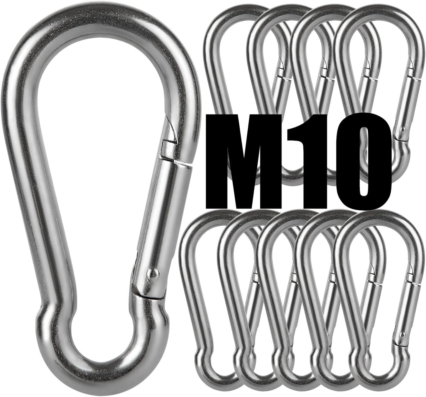 10 PCS M10 Spring Snap Hook Heavy Duty 4 Inch 304 Stainless Steel Carabiner Clip 770lbs Capacity Keychain Quick Links, 10mm Quick Carabiner Clips for Backpack, Hammocks, Camping and Swing