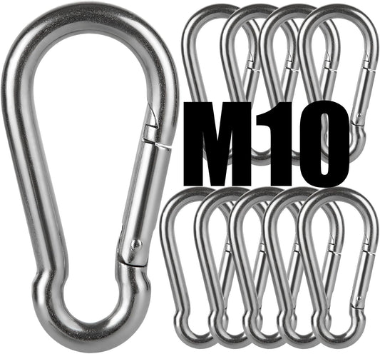 10 PCS M10 Spring Snap Hook Heavy Duty 4 Inch 304 Stainless Steel Carabiner Clip 770lbs Capacity Keychain Quick Links, 10mm Quick Carabiner Clips for Backpack, Hammocks, Camping and Swing