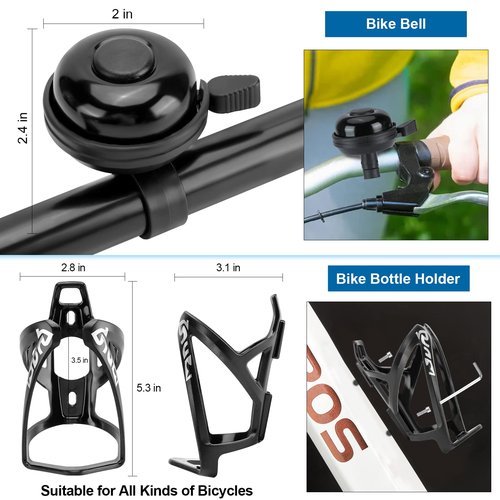 SODPE 6 Pack Bike Accessories Including Bicycle Light Front and Rear, Bike Frame Bag, Bicycle Chain Lock, Bikes Water Bottle Cage, Bicycles Bell for Adult Kids Road Mountain Bikes