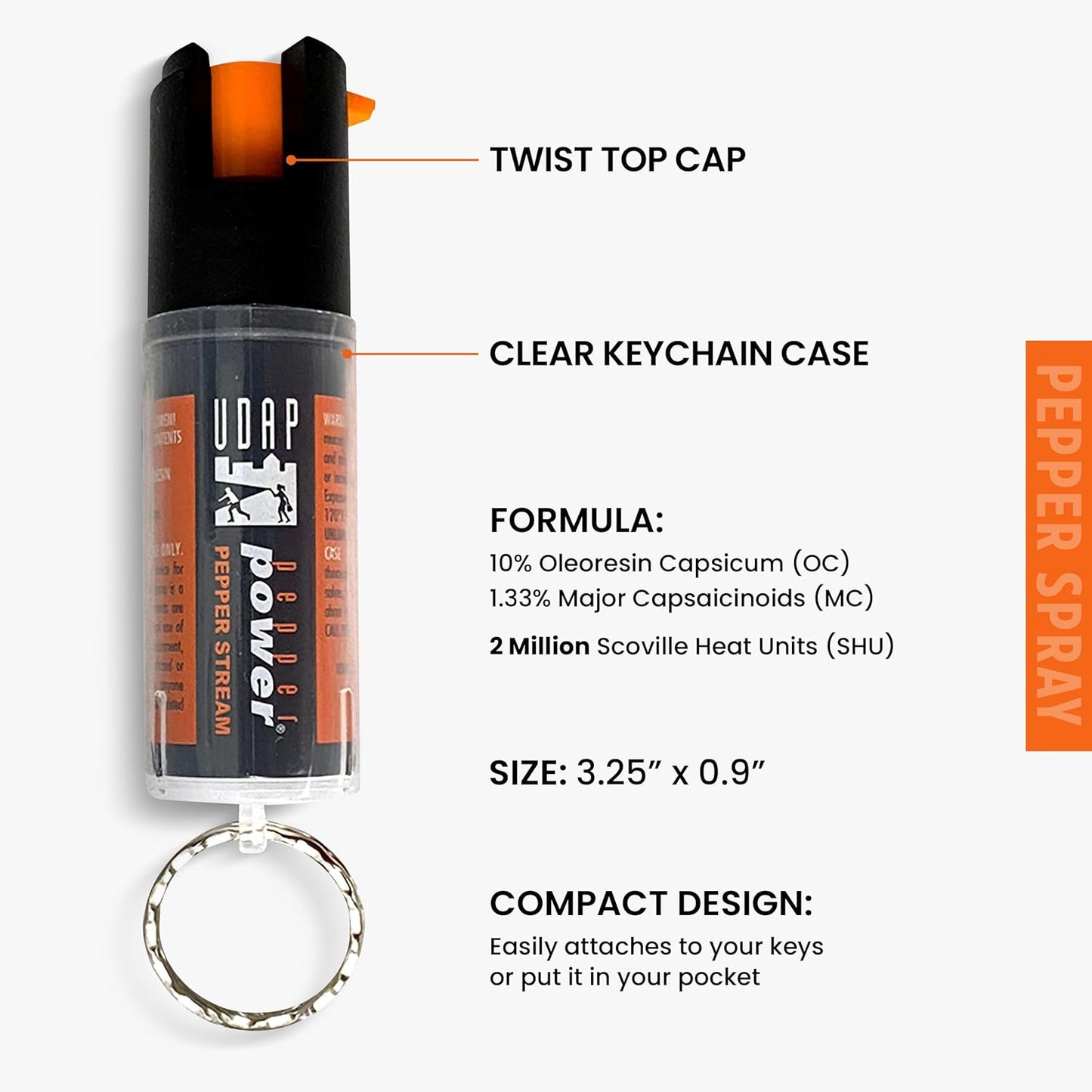 UDAP Pepper Power Keychain OC Compact Self Defense Pepper Spray for Women, Men, and Runners, Travel Size, Powerful Blast Pattern, 10 ft Stream, 2K, 0.4 oz, 2 Pack