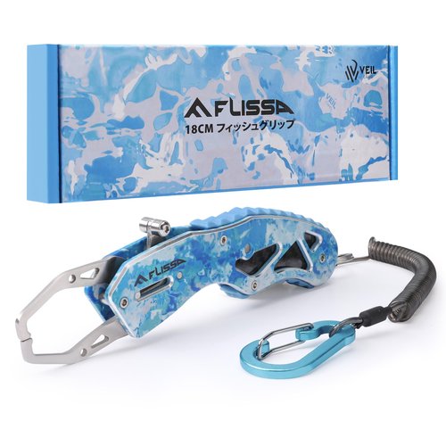 FLISSA 7" Camo Fish Gripper, 40 Pound Lip Gripper with Aluminium Alloy Handle, Stainless Steel Grabber with Carabiner and Spring Anti-Lost Rope, Lightweight Holder for Fishing