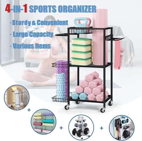 LIANTRAL Yoga Mat Storage Rack - Metal Gym Organizer for Yoga Mats, Foam Rollers & Fitness Equipment, Space Saving Workout Equipment Storage Rack for Home Exercise and Fitness Gear, Black