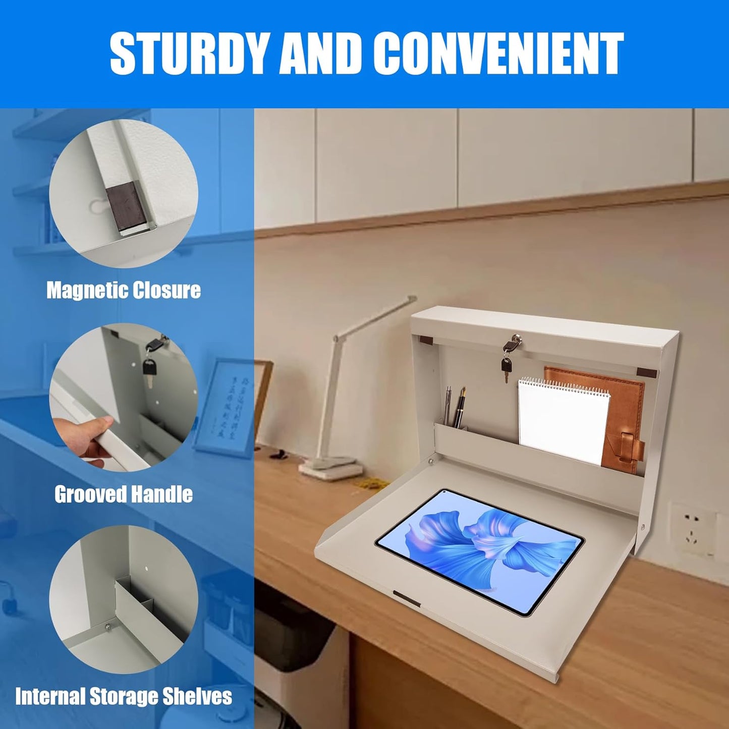biosp Folding Wall Mounted Desk, Lockable Wall-Mounted Workstation with 20" W x 13" D Work Surface, Fold Down Floating Desk with Magnetic Closure for Office Factory, White, 20''W x 3.375''D x 16.4''H