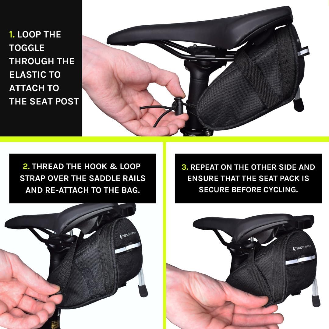 VeloChampion Black Bike Seat Pack Under Saddle Bag | 1 Litre Storage | Ideal for Mountain Road or Hybrid Bikes | Reflective | Water Resistant | Perfect for Repair Kits and Cycling Accessories