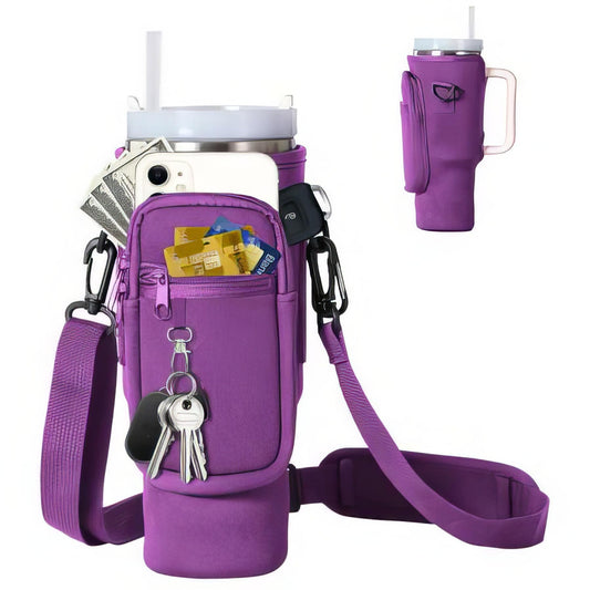Generic Water Bottle Travel Carrier for 40oz Stanley Cup with Strap and Caribiner (Purple)
