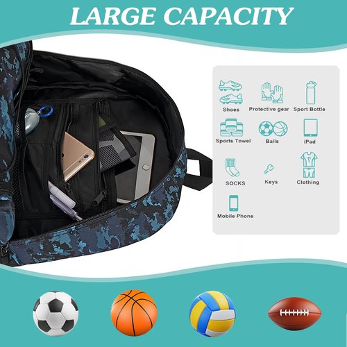 WOLT Youth Soccer Bag, Soccer Backpack, Basketball Backpack with Cleat Shoe and Ball Compartments Sports Backpack for Volleyball Football for Men Women (CamoBlue)