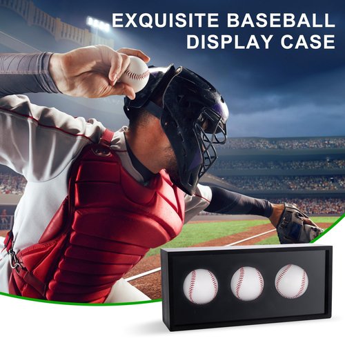 Baseball Display Case, Baseball Holder Display Case for 3 Balls, with Acrylic Dust UV Protection Cover, Wall Mount Shadow Box for Autographed Balls, Memorabilia Display Case for Baseball Collector