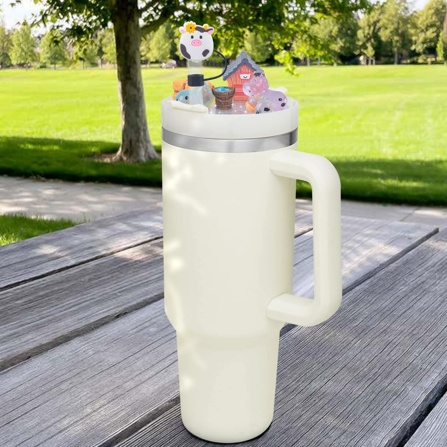 JUNIQUTE Compatible with Stanley Cup Lid Accessories Charms, Charms for Stanley Cups H2.0 Accessories 30oz 40oz with Silicone Straw Cover Cap for Tumblers (Cow, 30oz)