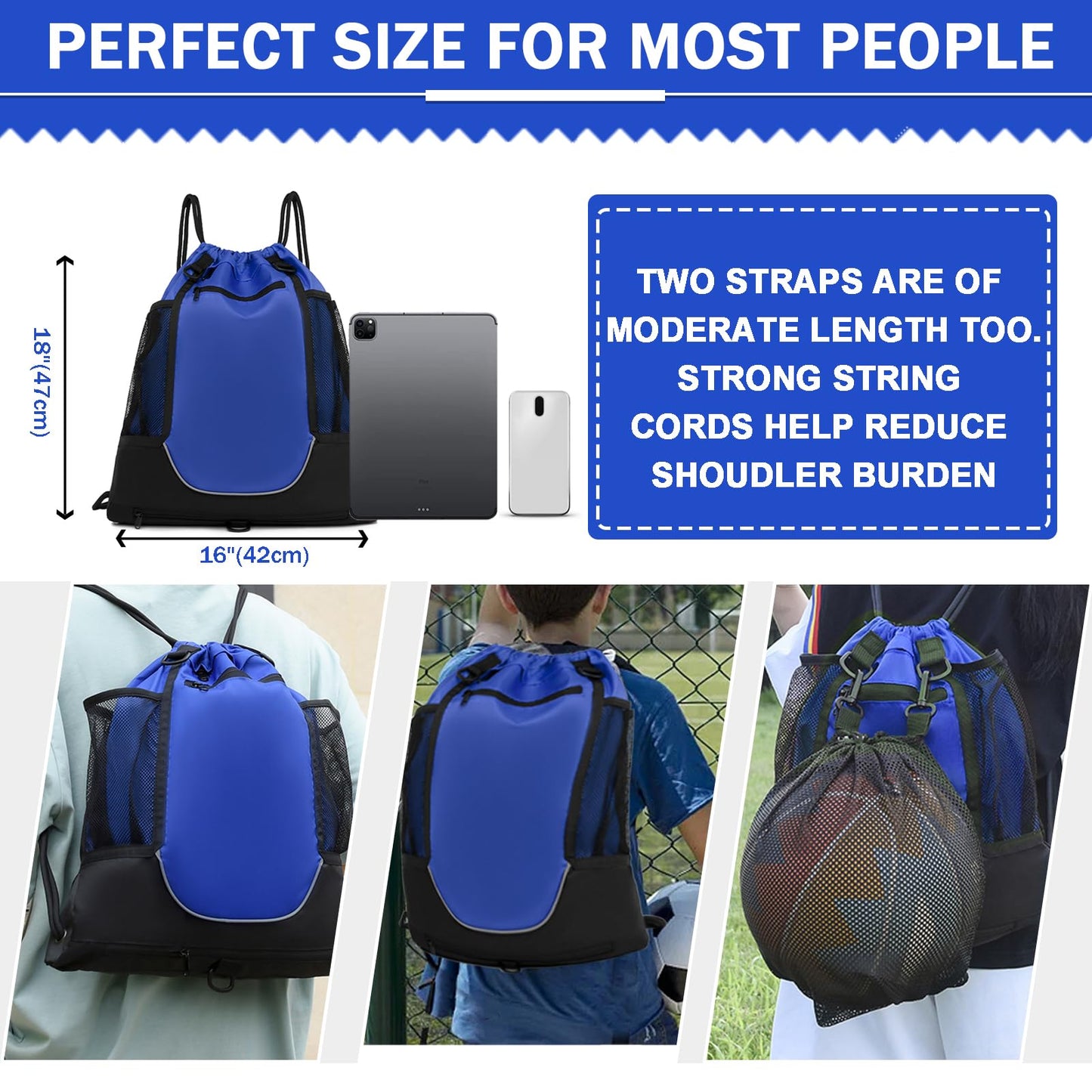 KAEGREEL Drawstring Soccer Bag Foldable Basketball Football Backpack Versatile Sports Bag with Detachable Ball Mesh Bag for Gym Volleyball Baseball Yoga, Blue