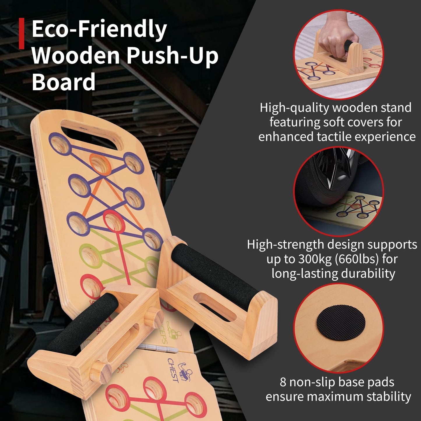 Foldable wooden Push up Board, Portable Push up Stand 14 in 1 Muscle Builder with Graphics Guide and 2 Solid Wood Pushup Handles, Pectoral and Biceps Strength Trainer