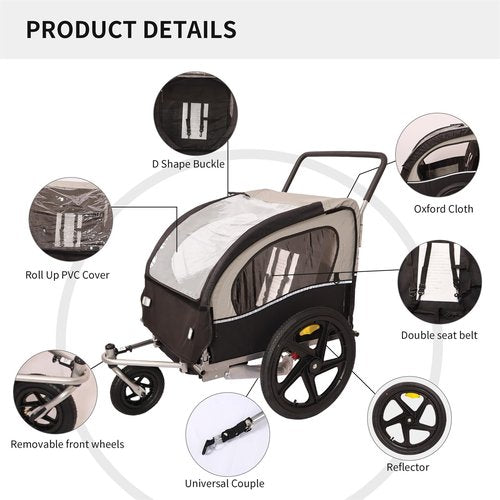 SPOFLYINN Spoflyinn 2-in-1 Universal Bike Double Seat Behind Bike Trailer Kids Trailer Jogger, Bicycle Coupler for 1 Or 2 Toddlers, Kids, Child Bicycle Carrier Black + Gray