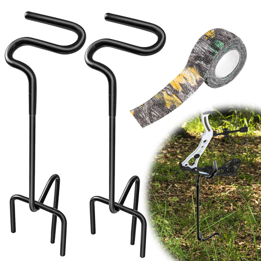 2 Pack Ground Bow Holder, Rustproof Hunting Ground Blind Bow Holder with Self-Adhesive CamouflageTape Rubber Coated Compound Bow Holder Versatile Archery Ground Stake Bow Stand for Hunting Practice