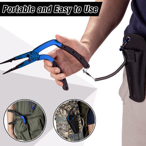 Night Cat Fishing Pliers with Sheath and Lanyard, Long Nose Jaws Braid line Cutters, Saltwater Crimper,Split Ring Openers,Hook Removers, Fishing Tools Gears Rustproof