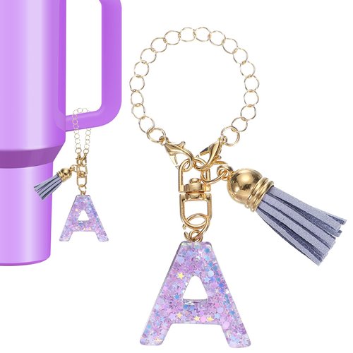 PATIKIL Letter Charm Accessories for Stanley Tumbler Cup, Letter A Keychain Handle Charm Cute Initial Letter with Tassel for Women Tumbler Cup Handle, Purple
