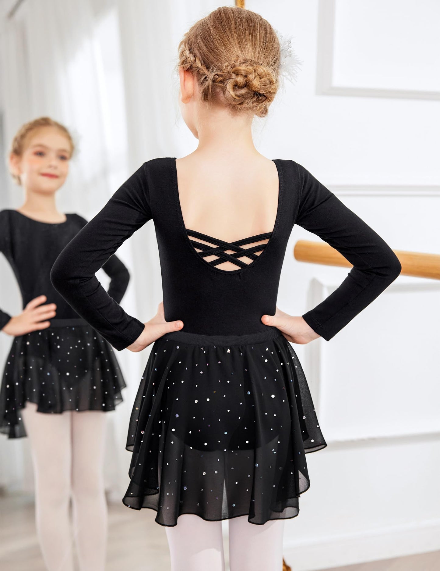 Zaclotre Girls Ballet Leotards Toddler Long Sleeve Crisscross Back Dance Dress Outfit with Removable Shiny Skirt Combo
