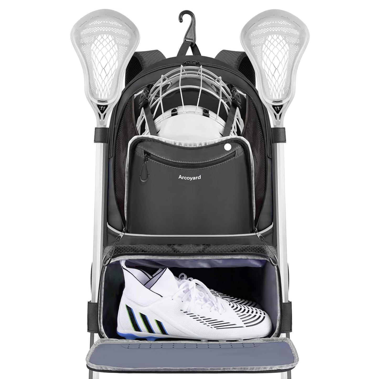 Arcoyard Extra Large Lacrosse Backpack with 2 Stick Holders, Professional Lacrosse Bag with Ventilated Cleats Compartment and Insulated Pocket, for All Lacrosse or Field Hockey Gear, Black