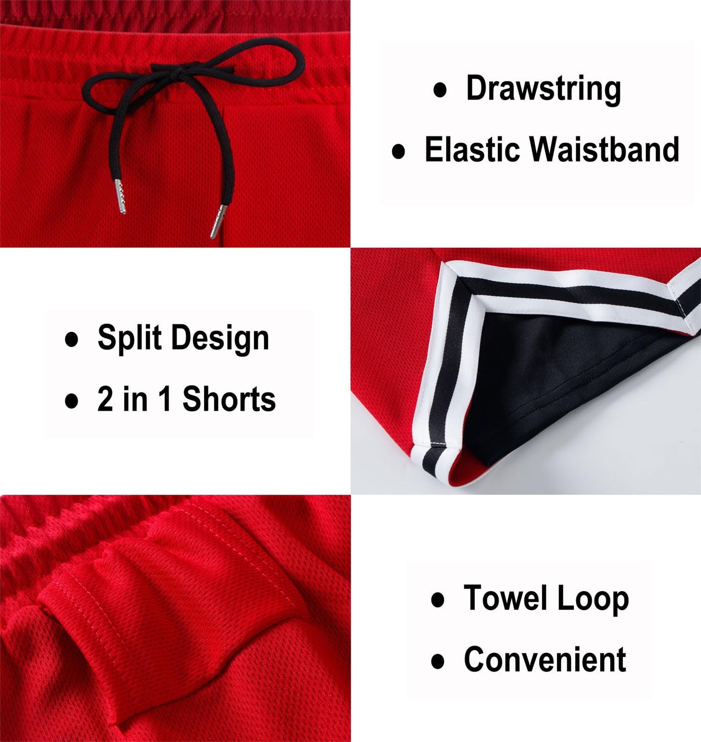 Aserlin Men's Athletic Shorts 2 in 1 Workout Running Shorts with Reflective Zipper Pockets and Towel Loop Gym Mesh Shorts-Red-L