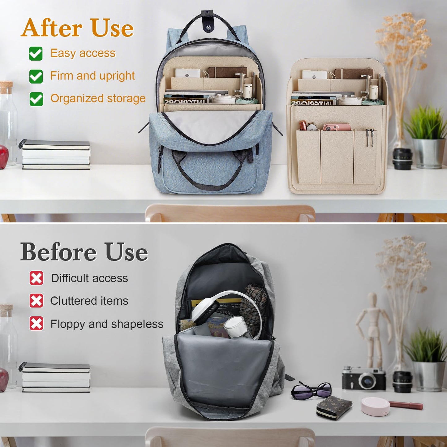 APSOONSELL Backpack Organizer Insert, Felt Bag Organizer for Rucksack Shoulder