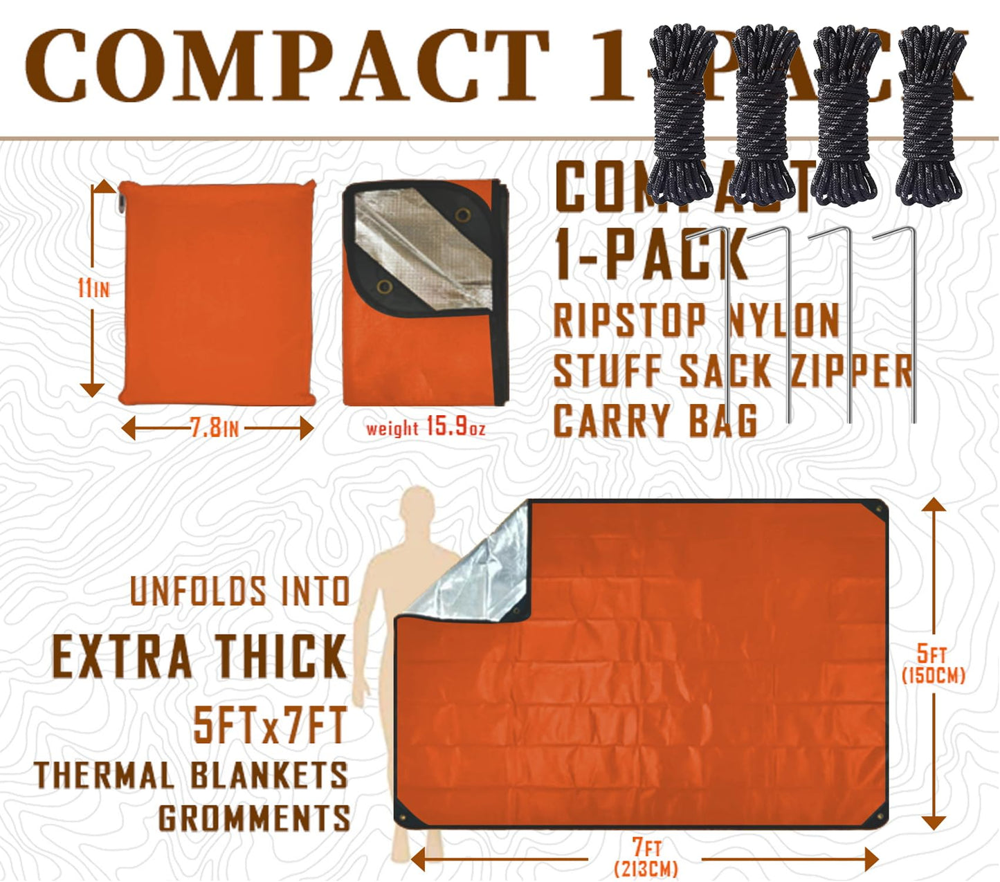 BESTHUNTINER Heavy Duty Survival Blanket -Multifunctional Reflective Tarp Thermal Blanket - 60" x 83" Waterproof Sandproof for Camping Hiking Outdoors Multifunctional Emergency Blanket