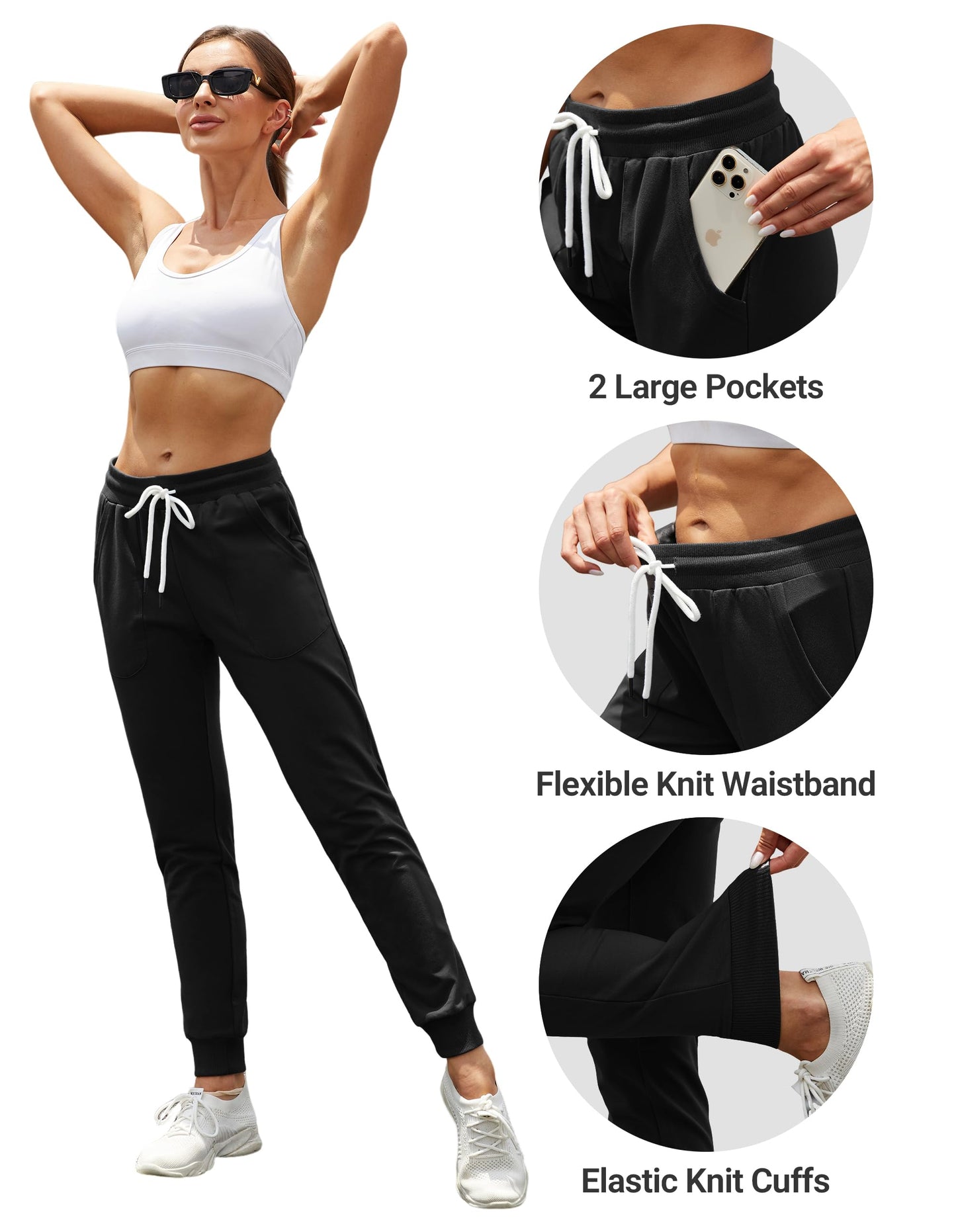 SPECIALMAGIC Women's Tapered Sweatpants with Pockets Athletic Cotton Joggers Drawstring Casual Sweat Pants for Female Long Black M