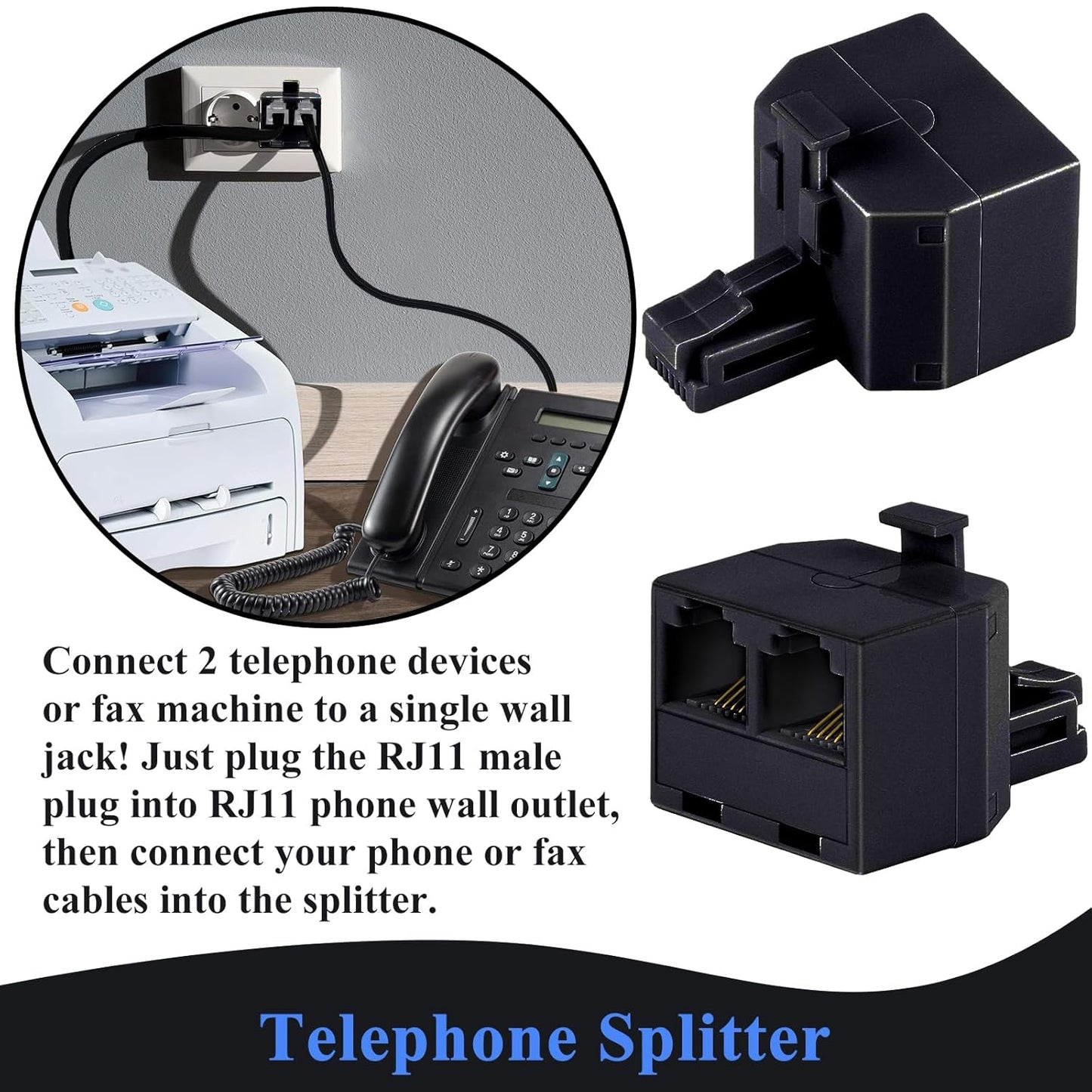 Phone Cord 15FT, Landline Telephone Cable with RJ11 Plug, Includes Telephone Inline Coupler RJ11 Splitter and 10pcs Cable Clips(White)