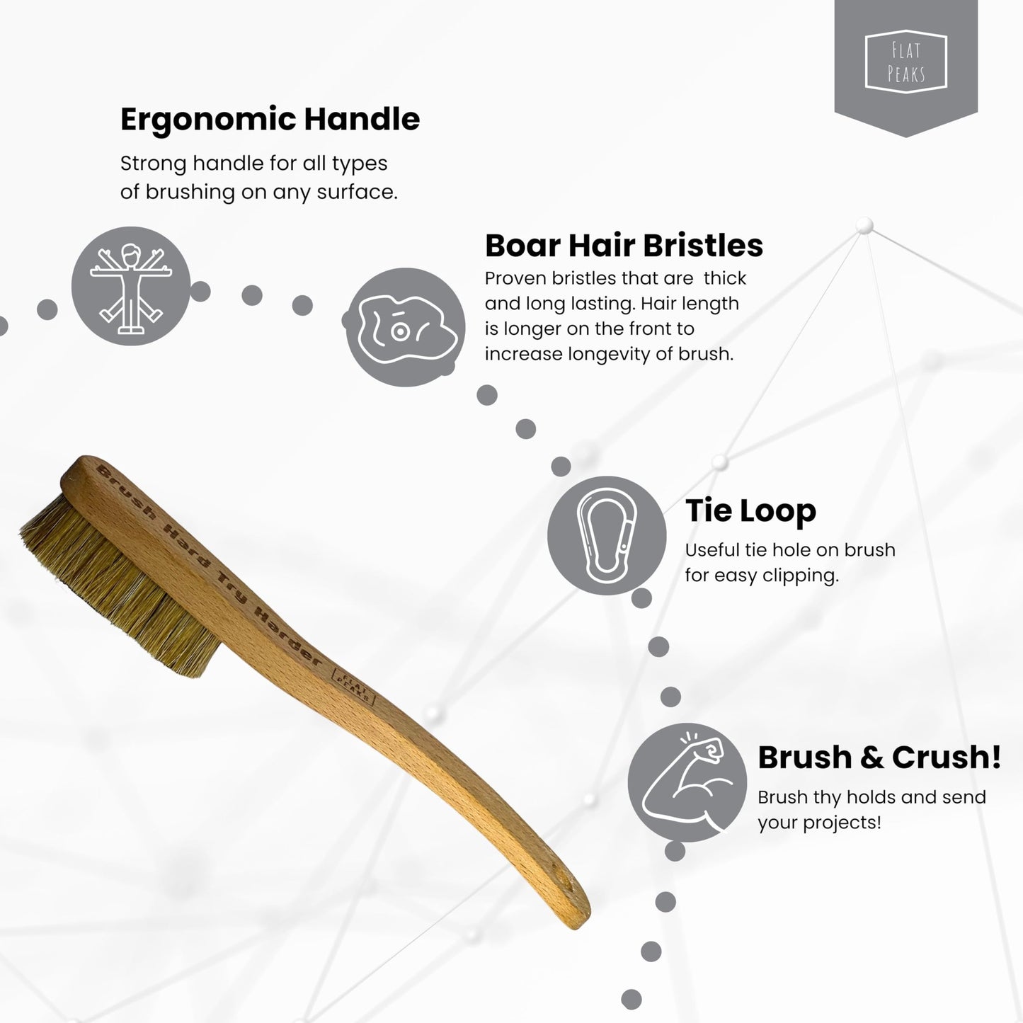 Flat Peaks - Brush Hard Try Hard - Large Wood Rock Climbing & Bouldering Brush with Firm Boar's Hair Bristles and Durable Handle, Climbing Chalk Brush for Climbing Wall Indoor or Outdoor