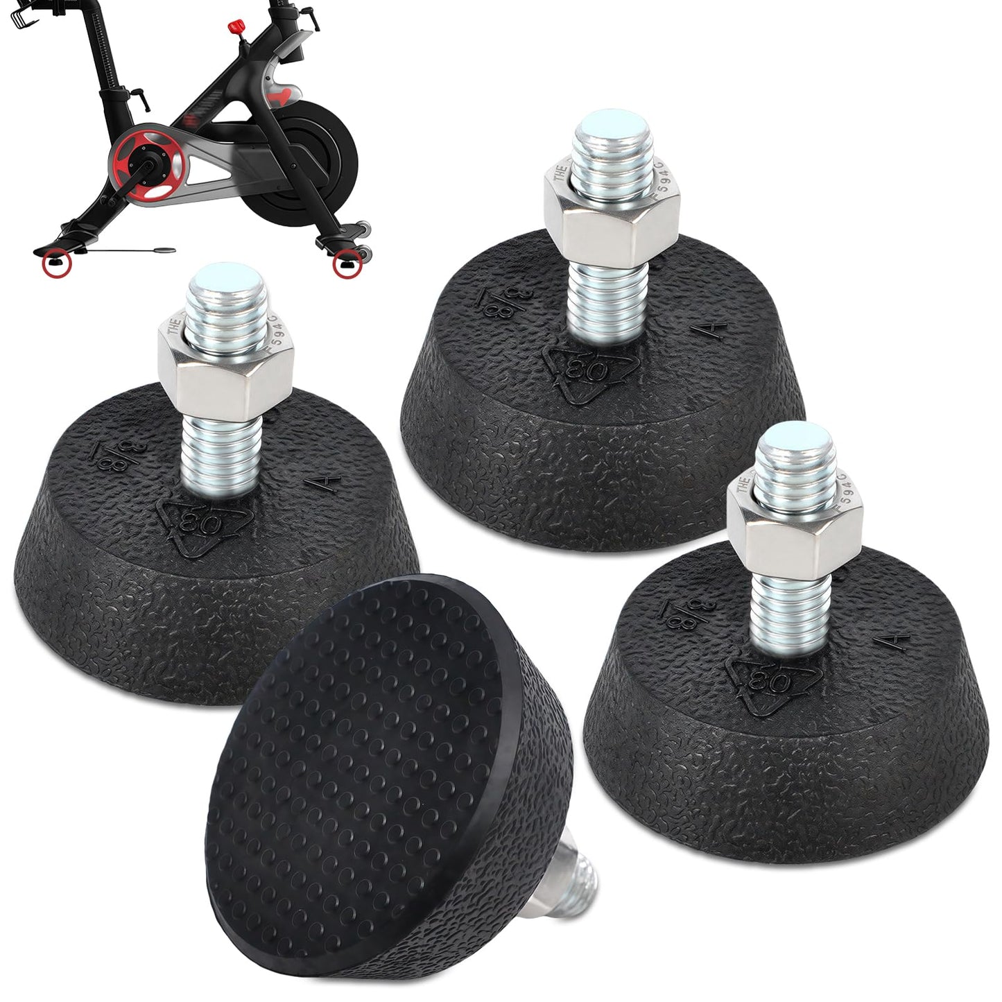 (4 Pack) Leveling Screw Foot Pads for Peloton Exercise Bike - Upgraded Stainless Steel 3/8" Leveling Screws, Anti-Slip Shock Absorbing, Noise Reduction Rubber Stabilizer Feet Replacement Parts