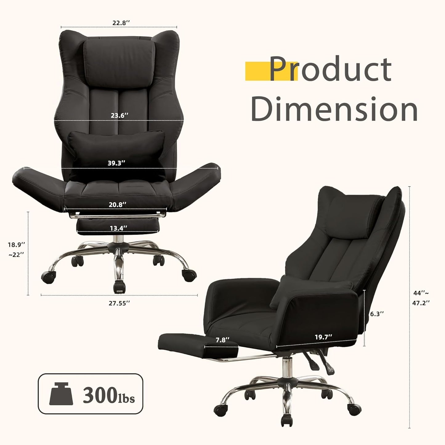 Ergonomic Cross Legged Office Chair with Footrest,Leather Big and Tall Executive Chair with Wheels,Reversible Armrest and Lumbar Pillow,135° Reclining Computer Wide Desk Chair for Home,Office (Beige)