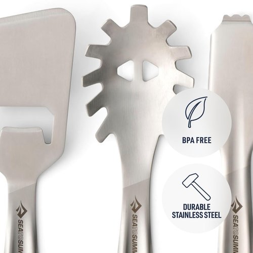 Sea to Summit Detour Stainless Steel Camping Utensil Set for Cooking and Serving (Serving Spoon, Slotted Spoon, Tongs, Spatula)