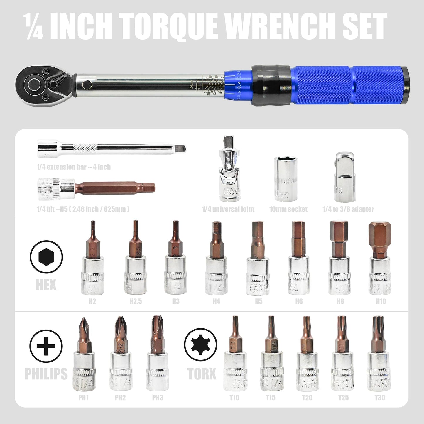 Fisope 1/4-Inch Drive Click Torque Wrench, 22pcs Bike Torque Wrench Set 2-24Nm, Dual-Direction Adjustable 72 Tooth Click Torque Wrench Set for Bicycle Maintenance