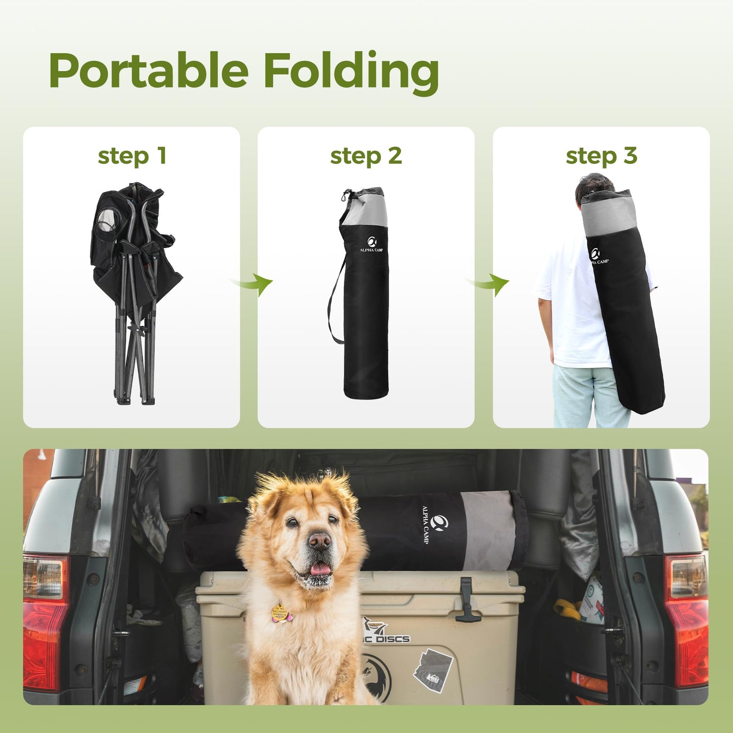 ALPHA CAMP 2PC Oversized Camping Folding Chair, Heavy Duty Support 450 LBS Steel Frame Collapsible Padded Arm Chair with Cup Holder Quad Lumbar Back, Portable for Outdoor,Black