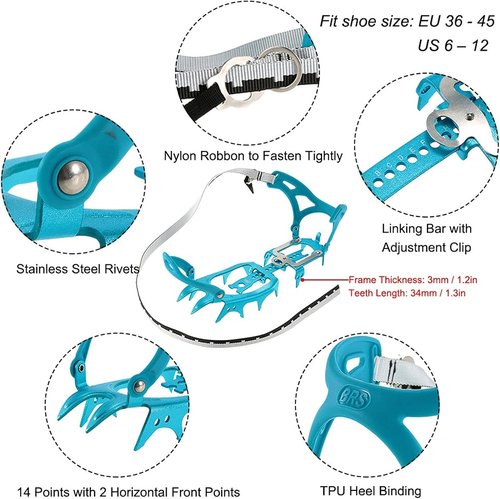 BRS-S3 Ultralight 14 Teeth Aluminium Alloy Bundled Crampons Ice Gripper Outdoor Ice Climbing Kits Crampons for Footwear (Blue)