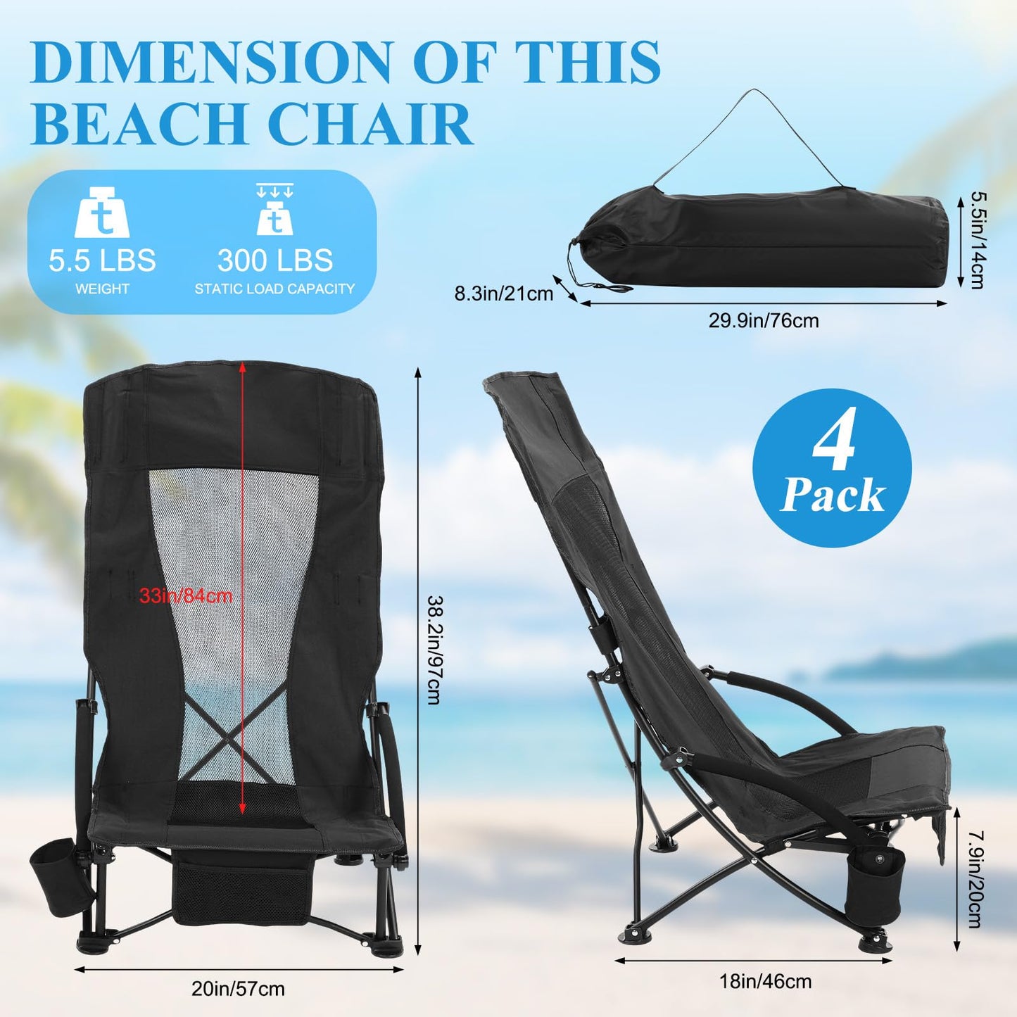4 Pack Beach Chair for Adult High Back Low Beach Chair Bulk Portable Folding Camping Chairs Lightweight Sand Chairs with Cup Holder Carry Bag for Outdoor Camping Sand Concert