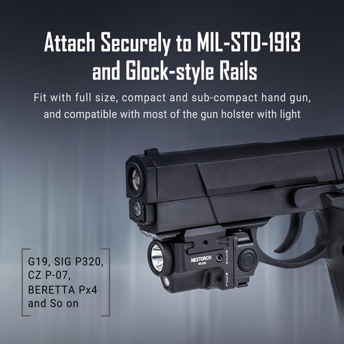 NEXTORCH WL22R Pistol Light with Red Beam, 650 Lumen Rechargeable Tactical Weapon Light with Dual Side Switches & New Rail System for Compact and Full Size Pistol Accessories