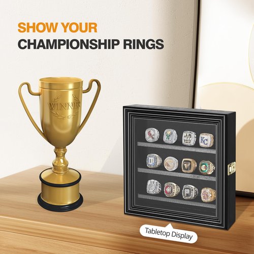 MoKo Championship Ring Display Case, 12 Ring Holder, Wooden Box with Lock, Wall Mount or Tabletop Display