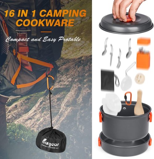 Bisgear 16pcs Camping Cookware Set - Backpacking Stove & Mess Kit - Pots, Pans & Accessories - Survival Gear