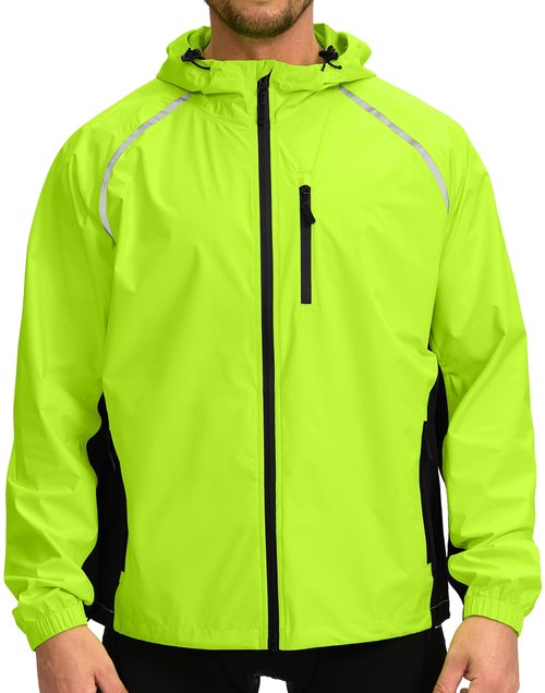 Men's Cycling Rain Jackets Waterproof Running Bike Windbreaker Hooded Reflective Biking Windproof Bicycle Riding(Fluorescent Yellow/Black,M)
