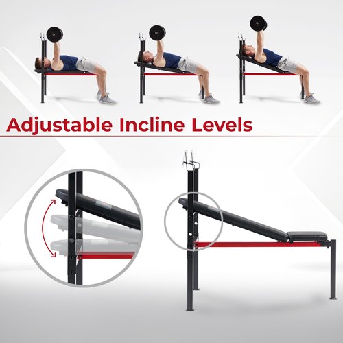 Sunny Health & Fitness Adjustable Multi-Function Incline Weight Bench with Barbell Rack, Full Body Workout Exercise Strength Training for Home Gym W/Optional Leg Developer & Preacher Curl Attachment